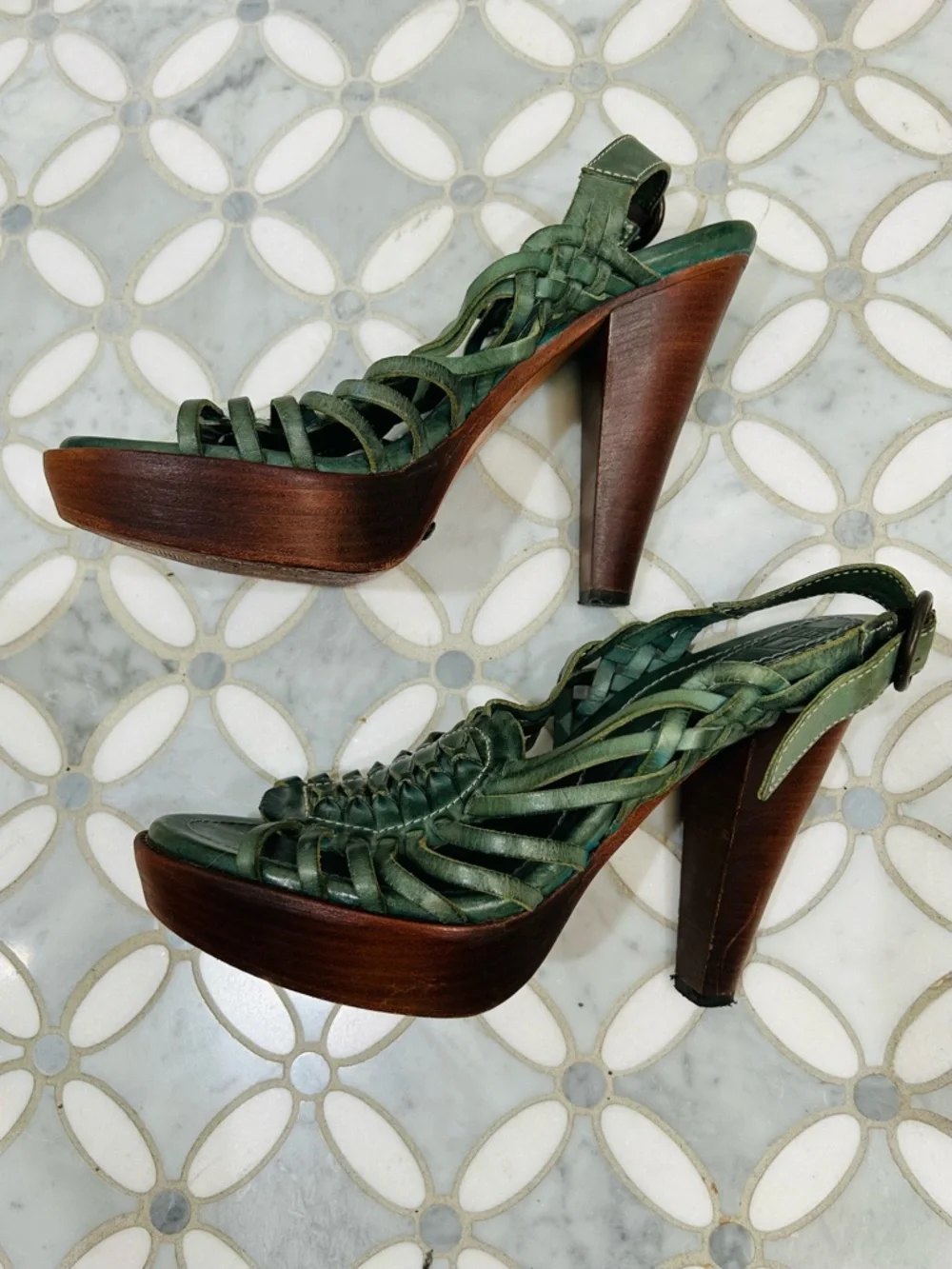 Frye Joy Huarache Platform Sandals Olive Green Leather Wood Heels Boho 9.5 - Picture 5 of 13